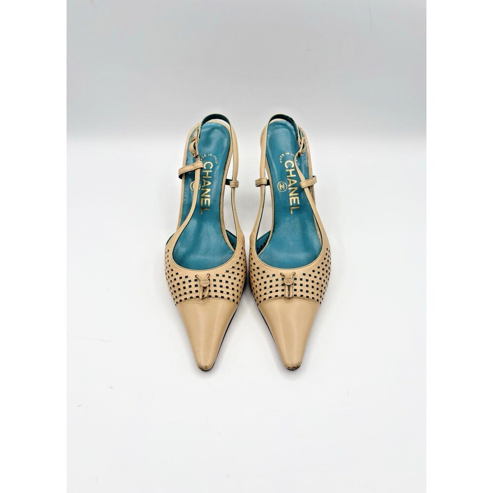 Chanel Beige Leather Perforated Slingback Heels w/ CC Charm Accent EU 35.5